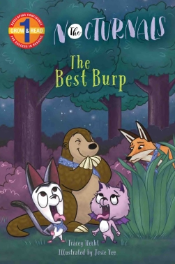 Bismark, a sugar glider, and Bink, a bat, have their mouths open with their tongues sticking out. Tobin, a pangolin, is smiling with his paws over his mouth, and Dawn, a fox, is hiding behind a bush looking at everyone. 